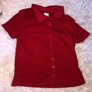 Red Collared Button Up Slightly Cropped Form Fitting Shirt